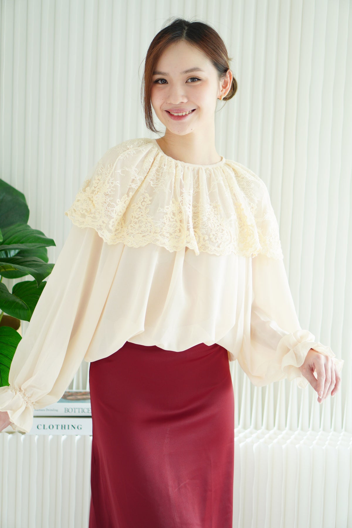 Thalia Long Sleeve Lace Blouse Top in Cream