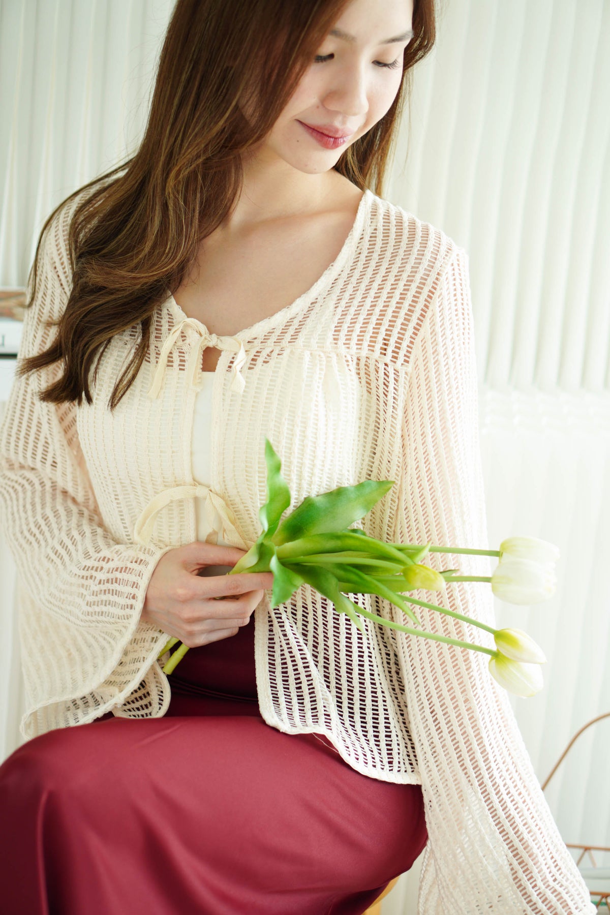 Zeni Ribbon Front-Tie Fish Net Top in Cream