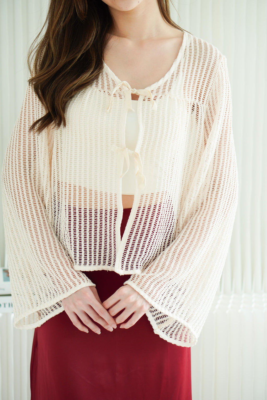Zeni Ribbon Front-Tie Fish Net Top in Cream