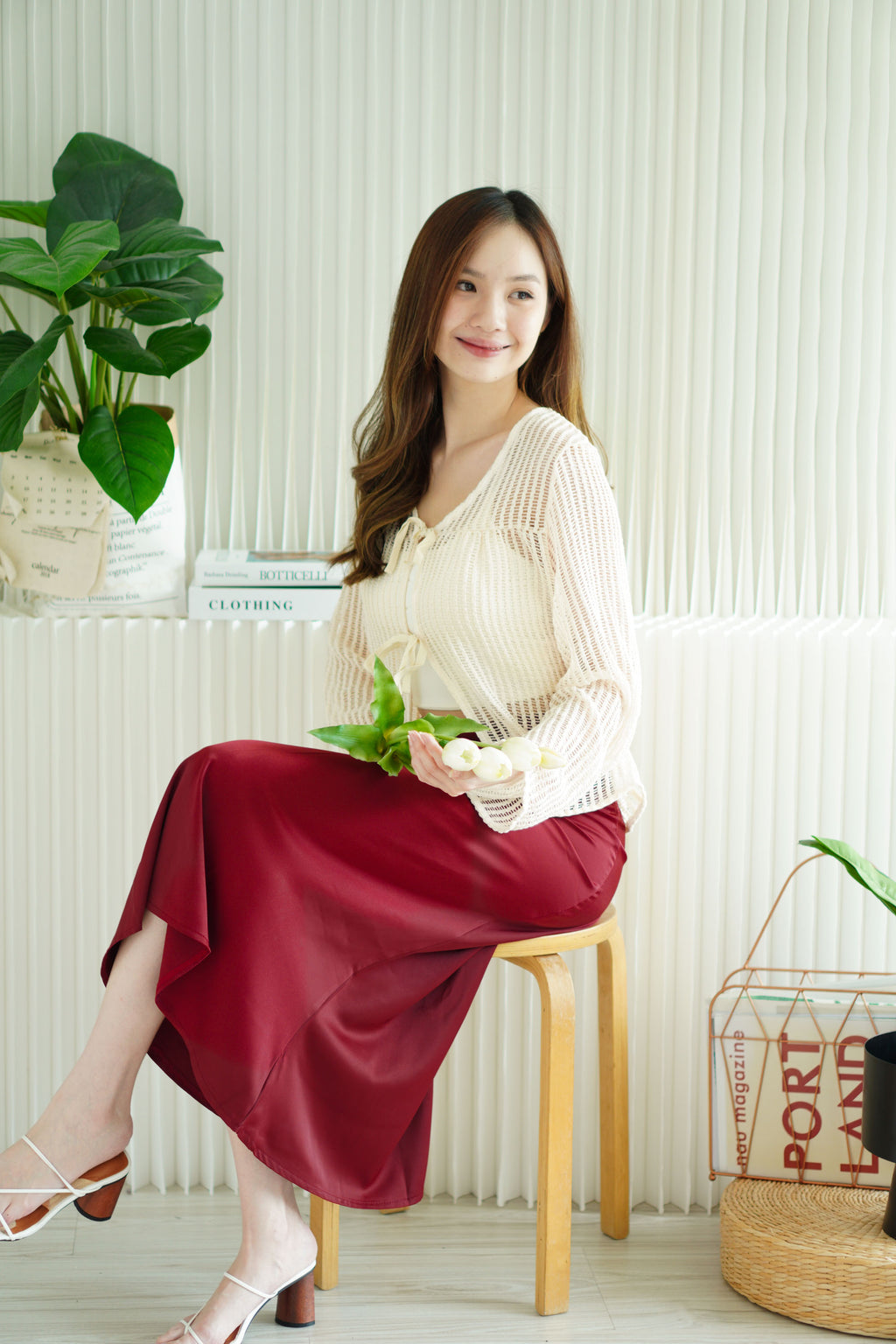 Zeni Ribbon Front-Tie Fish Net Top in Cream