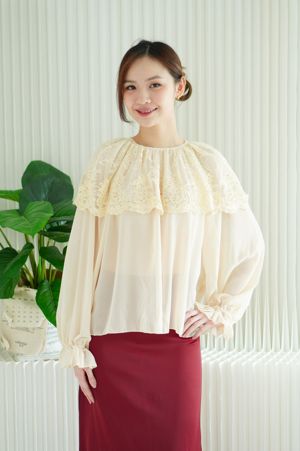 Thalia Long Sleeve Lace Blouse Top in Cream