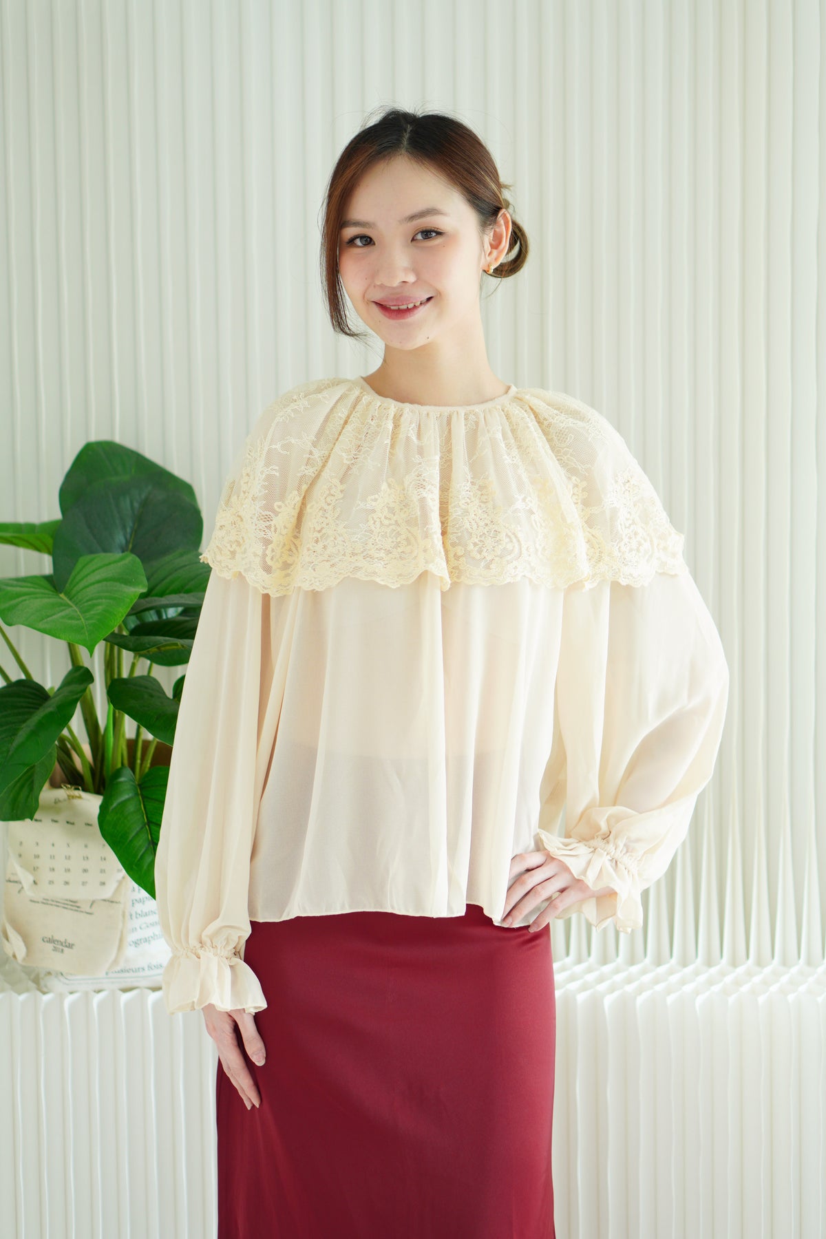 Thalia Long Sleeve Lace Blouse Top in Cream