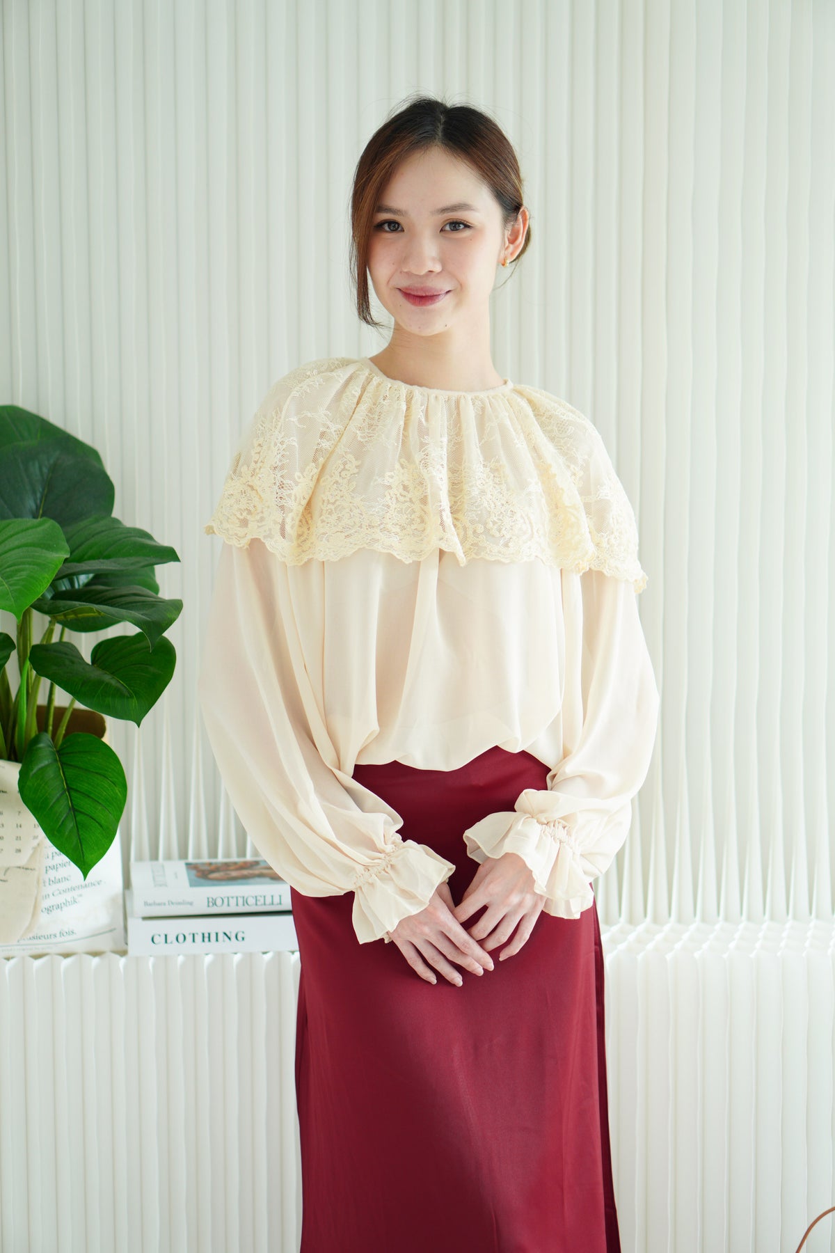 Thalia Long Sleeve Lace Blouse Top in Cream