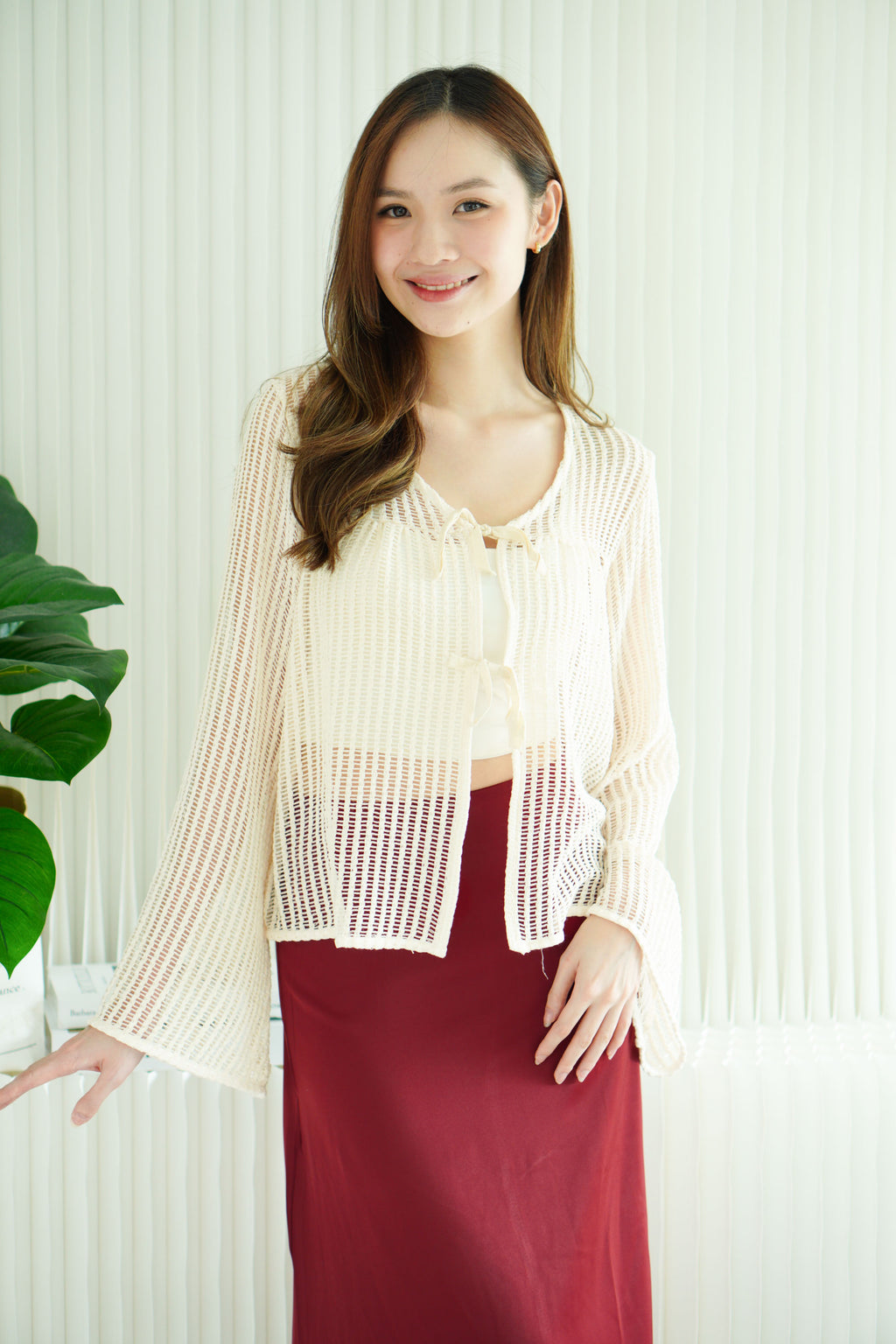 Zeni Ribbon Front-Tie Fish Net Top in Cream