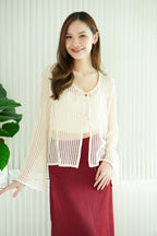 Zeni Ribbon Front-Tie Fish Net Top in Cream