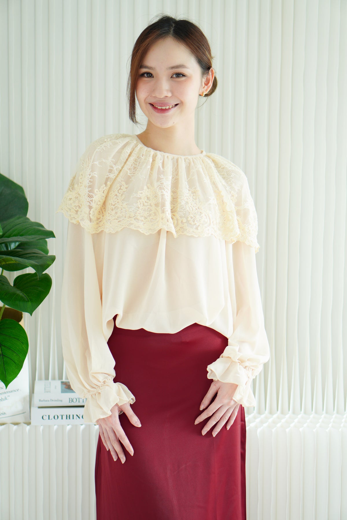 Thalia Long Sleeve Lace Blouse Top in Cream