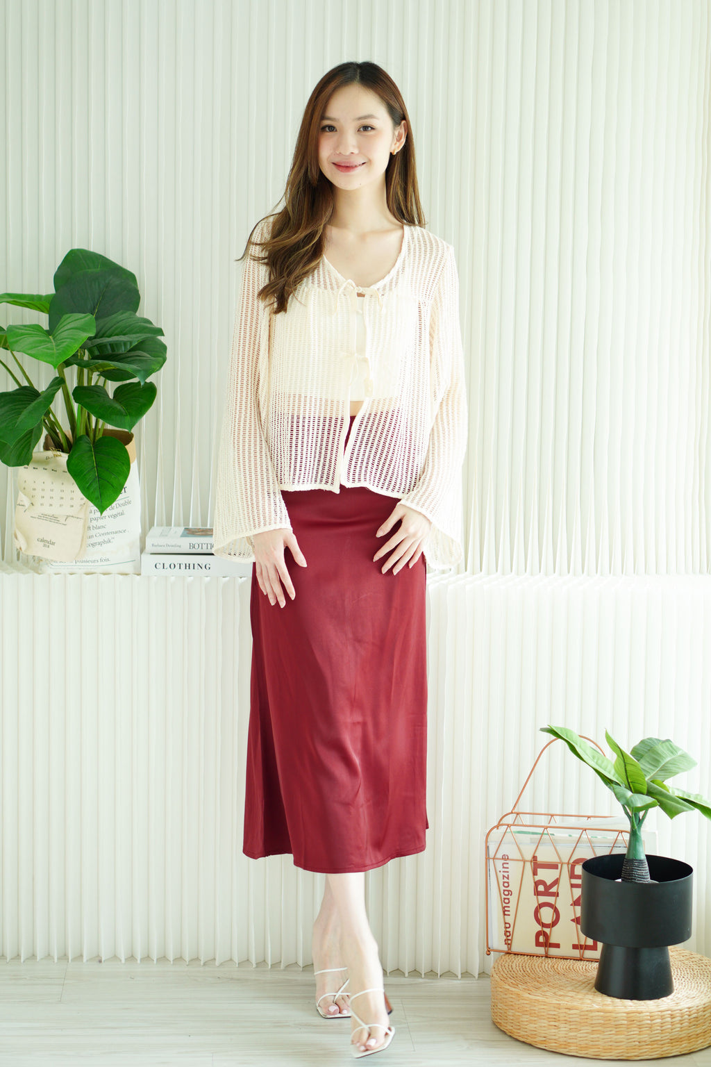 Zeni Ribbon Front-Tie Fish Net Top in Cream