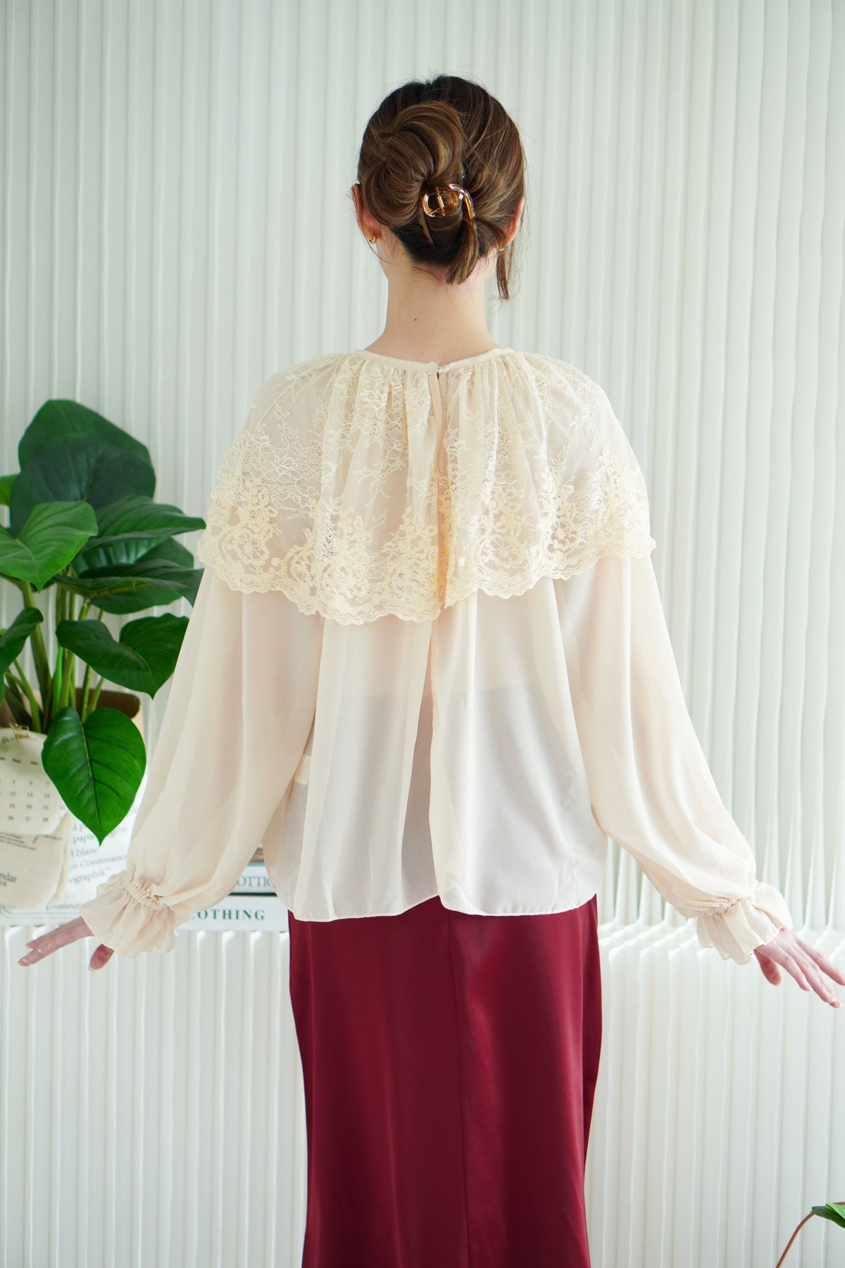 Thalia Long Sleeve Lace Blouse Top in Cream