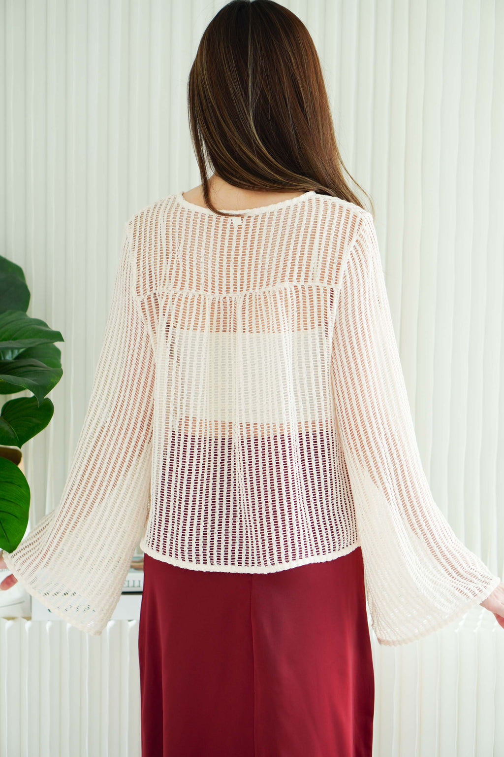 Zeni Ribbon Front-Tie Fish Net Top in Cream