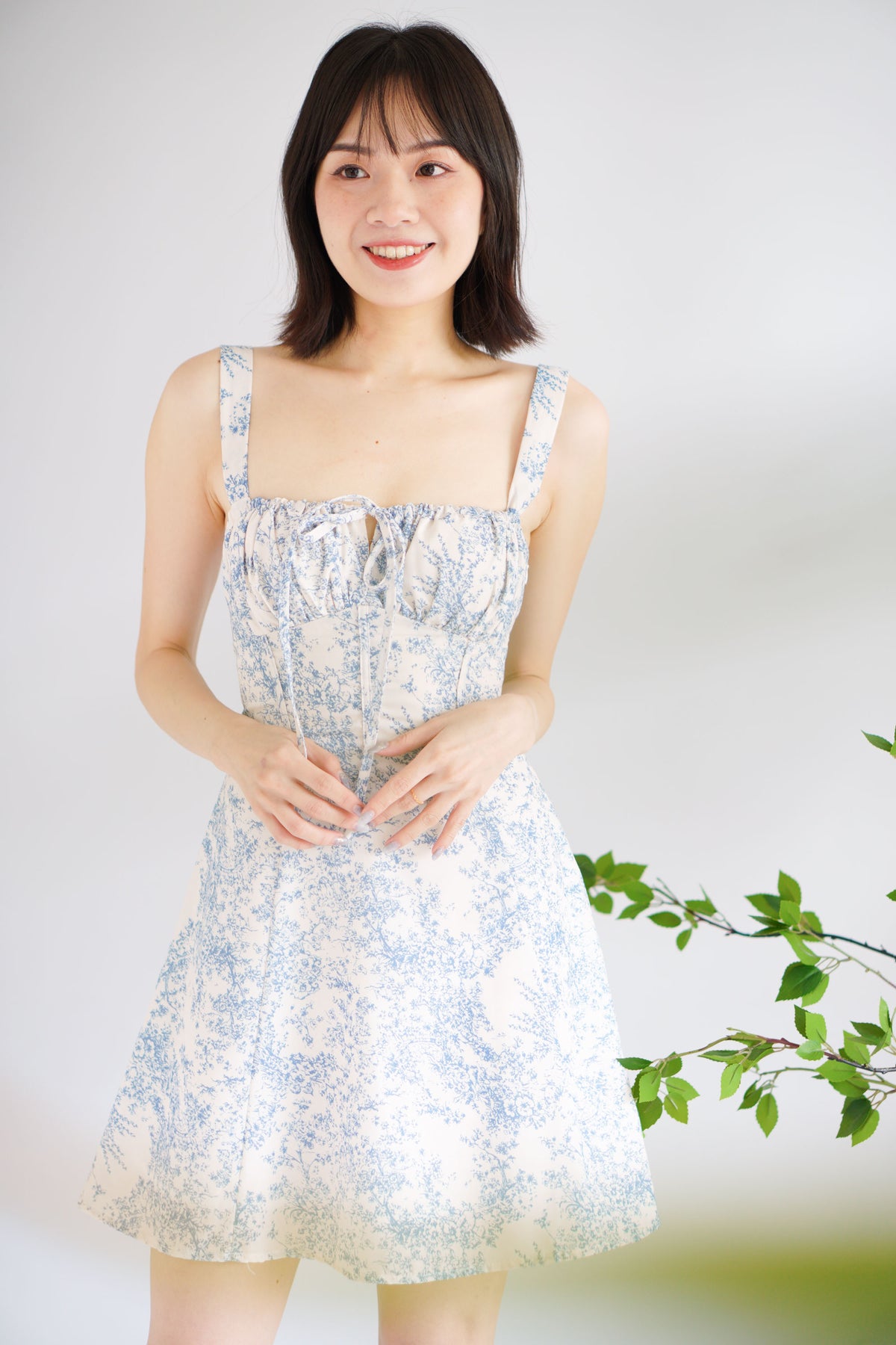 Mini Misty Floral Corset A-Line Dress in Blue and White