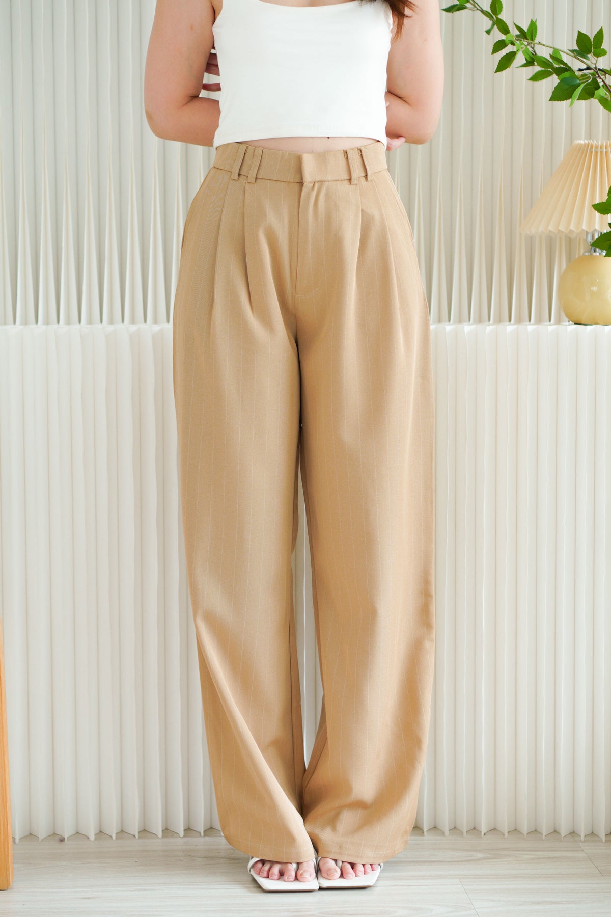 Dika Wide Legged Pinstripes Pants in Khaki