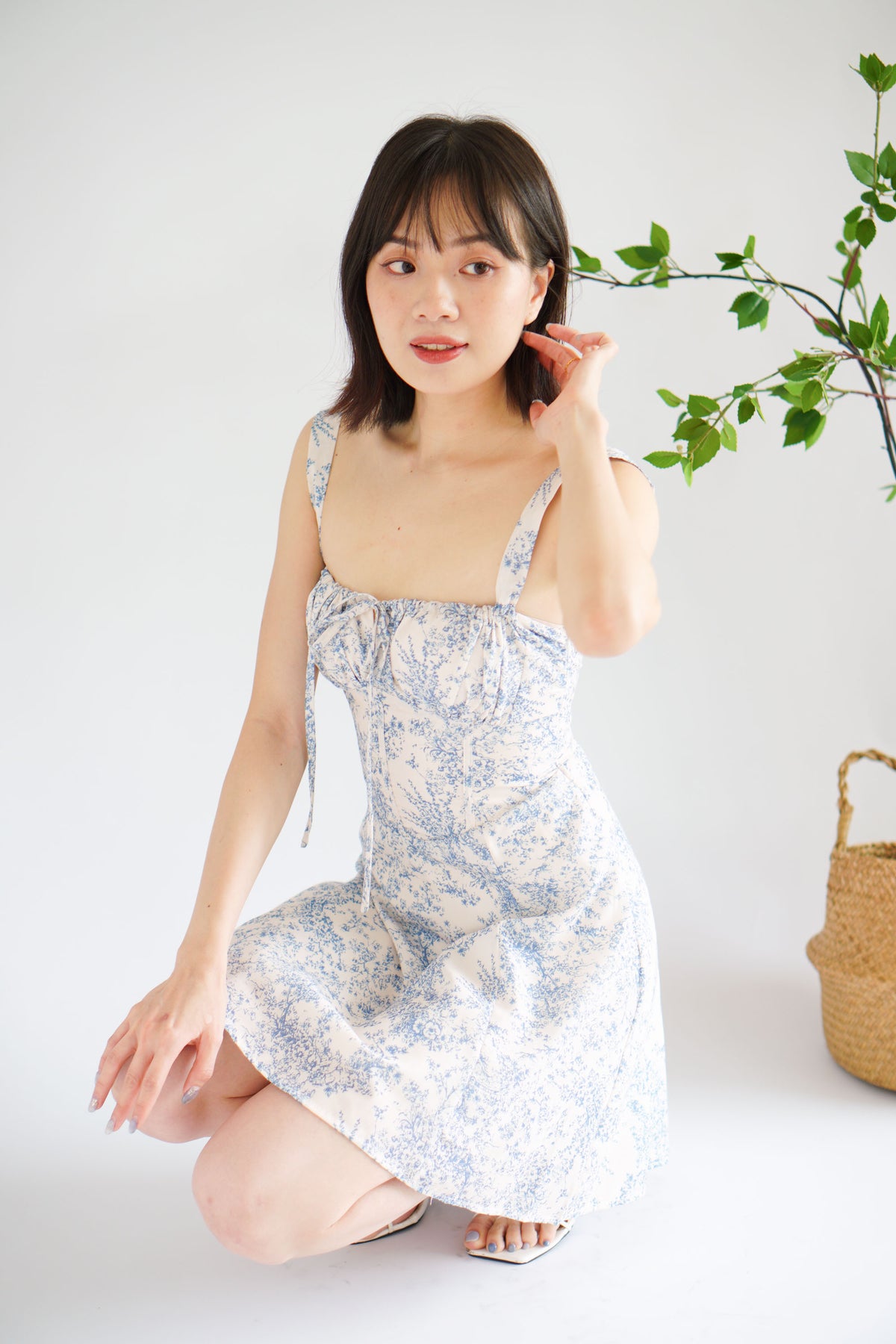 Mini Misty Floral Corset A-Line Dress in Blue and White