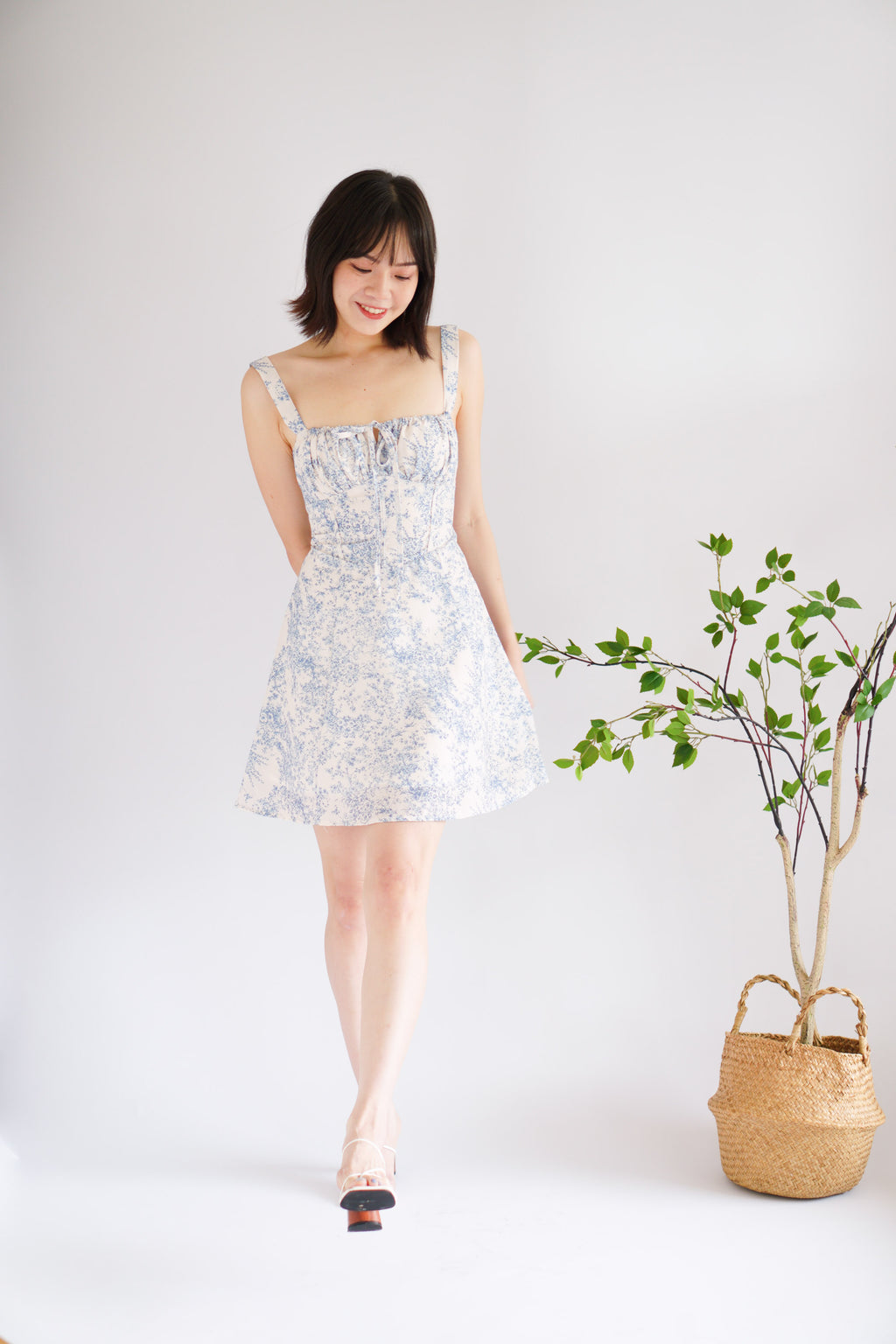 Mini Misty Floral Corset A-Line Dress in Blue and White