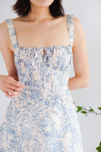 Mini Misty Floral Corset A-Line Dress in Blue and White