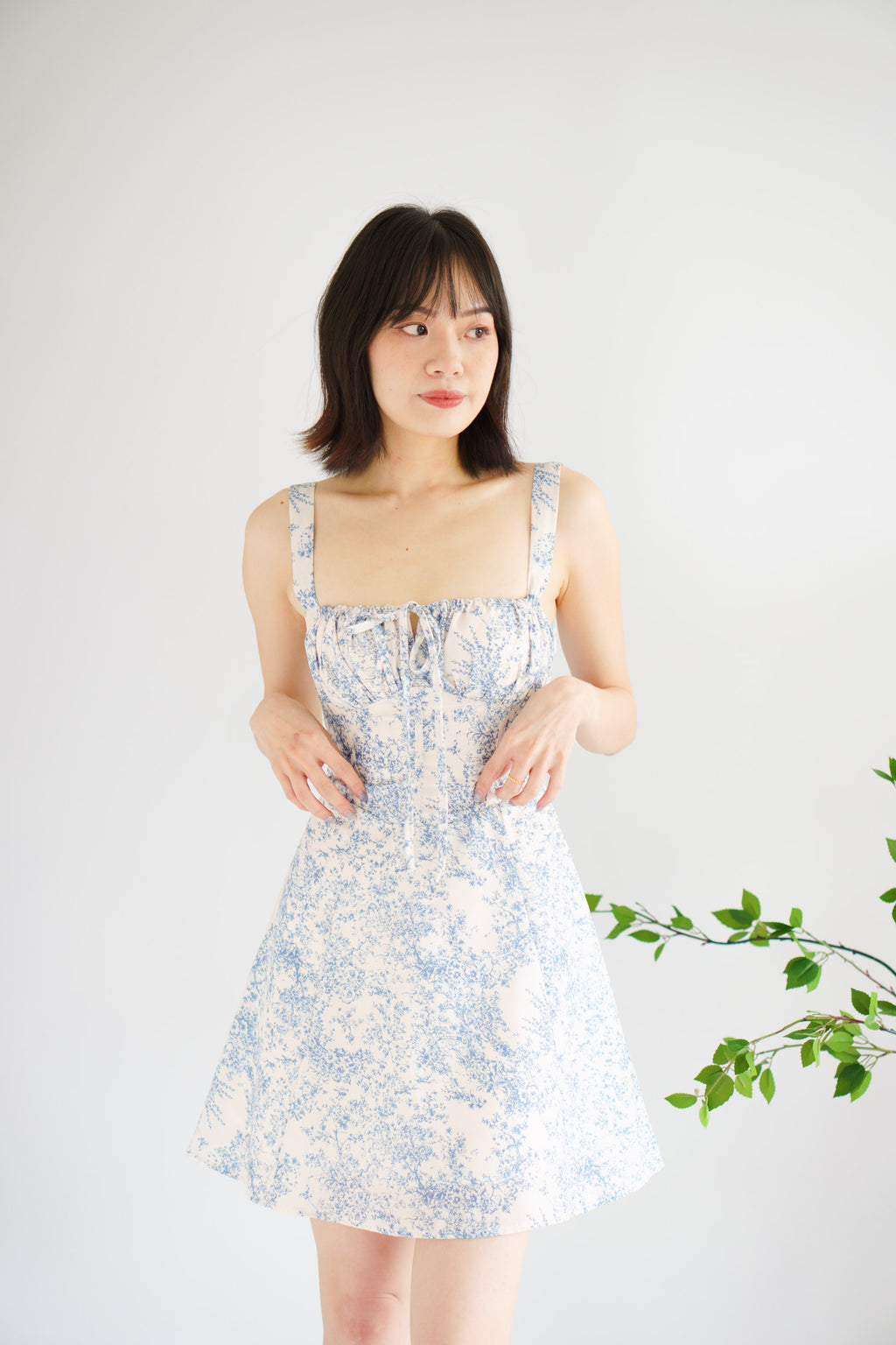 Mini Misty Floral Corset A-Line Dress in Blue and White