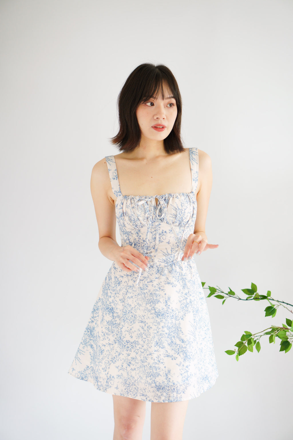 Mini Misty Floral Corset A-Line Dress in Blue and White