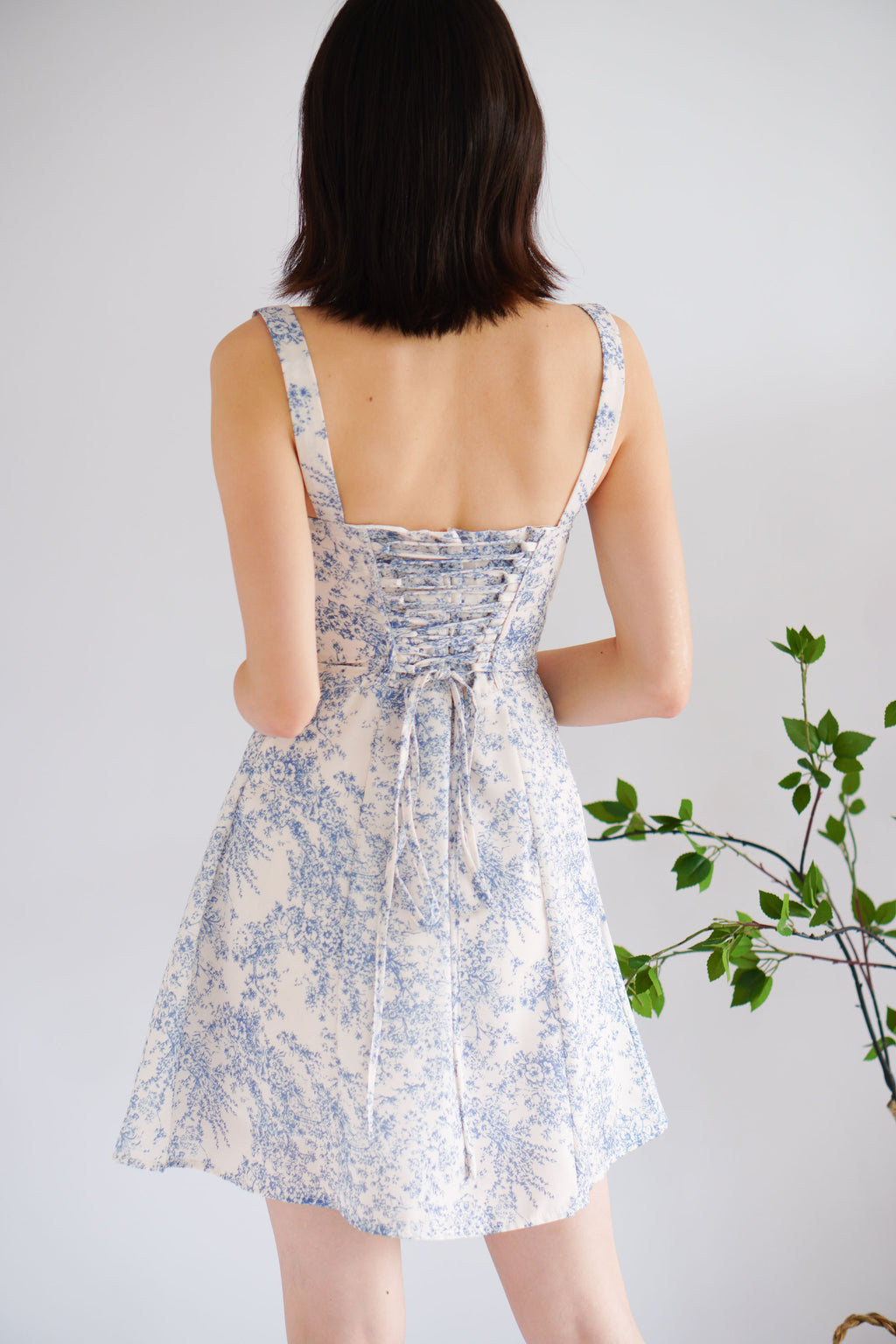 Mini Misty Floral Corset A-Line Dress in Blue and White