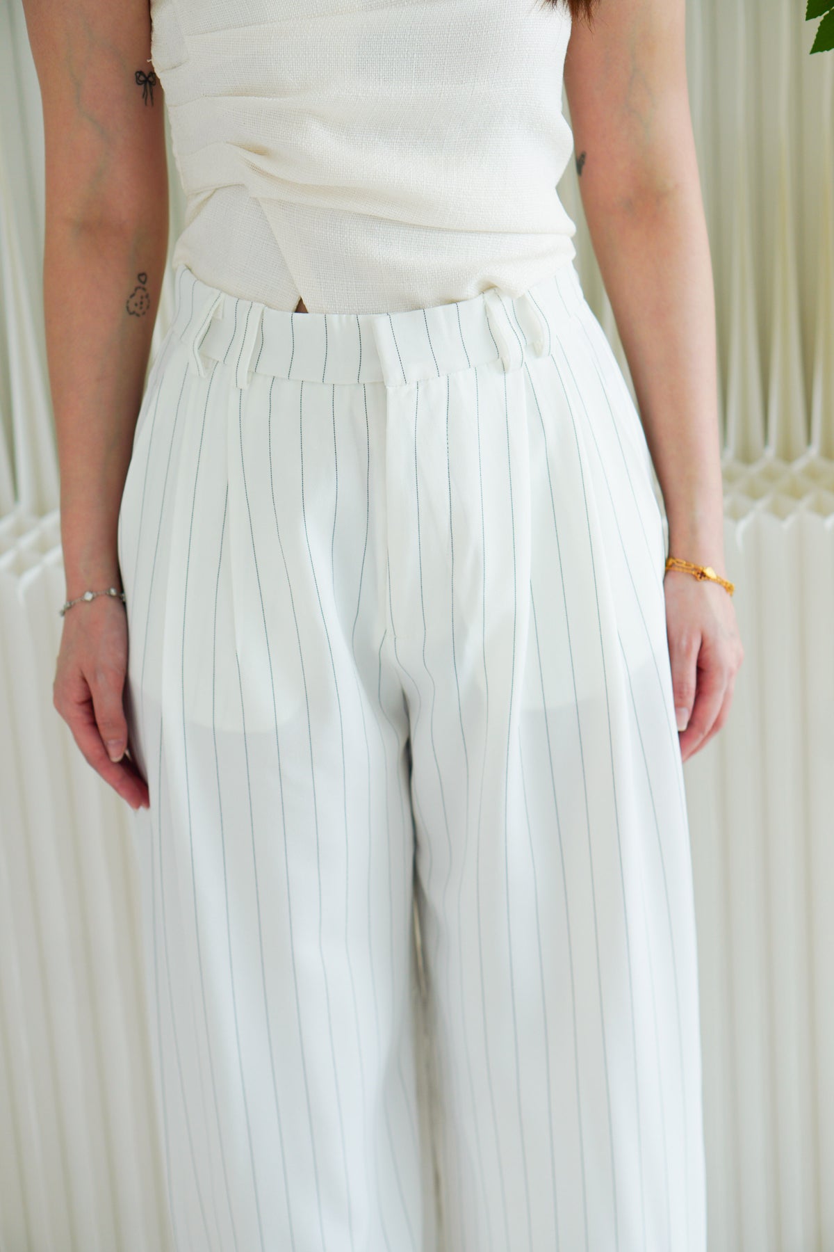 Dika Wide Legged Pinstripes Pants in White
