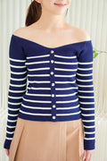 (BACKORDER) Aven Knit Stripes Off Shoulder Top in Blue