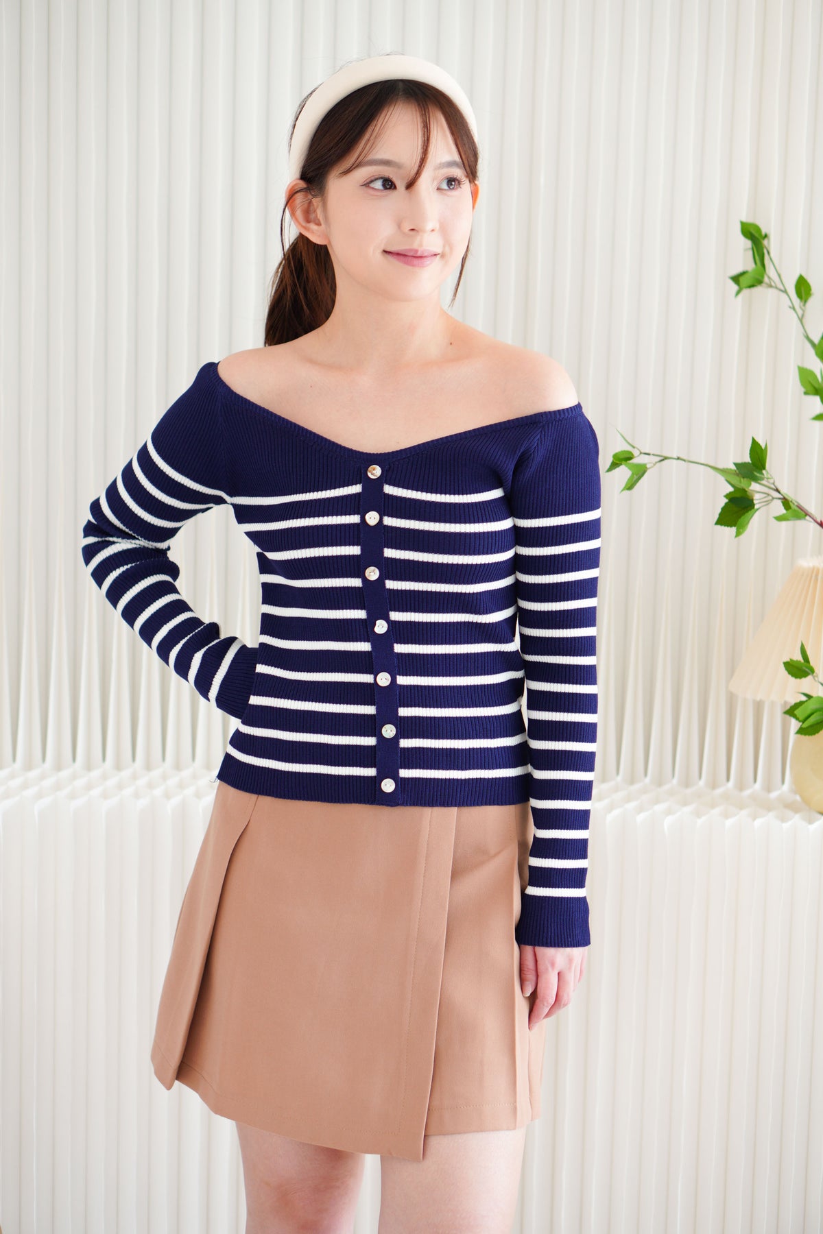 (BACKORDER) Aven Knit Stripes Off Shoulder Top in Blue