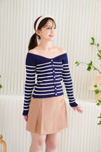 (BACKORDER) Aven Knit Stripes Off Shoulder Top in Blue