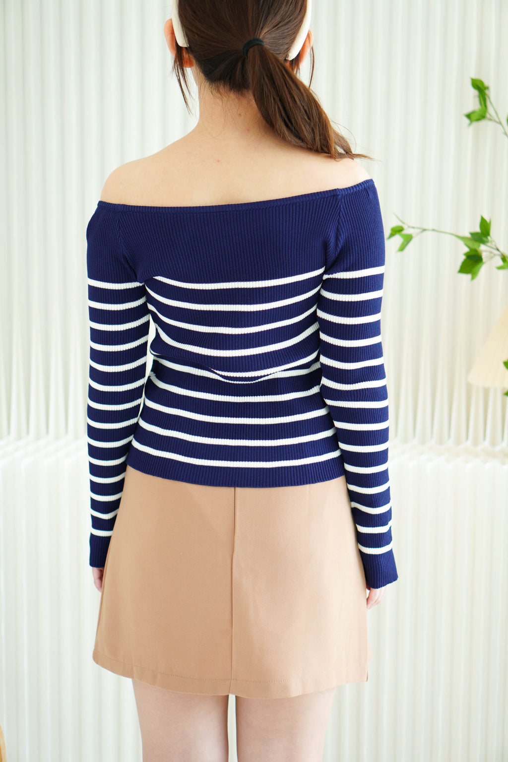 (BACKORDER) Aven Knit Stripes Off Shoulder Top in Blue