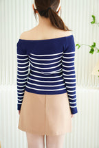 (BACKORDER) Aven Knit Stripes Off Shoulder Top in Blue