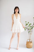 Marilyn Eyelet Lace Halter Mini Dropwaist Dress in White