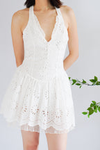 Marilyn Eyelet Lace Halter Mini Dropwaist Dress in White