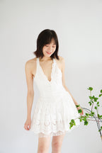 Marilyn Eyelet Lace Halter Mini Dropwaist Dress in White