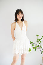 Marilyn Eyelet Lace Halter Mini Dropwaist Dress in White
