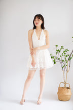 Marilyn Eyelet Lace Halter Mini Dropwaist Dress in White