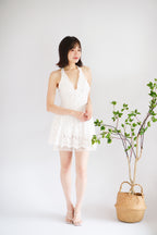 Marilyn Eyelet Lace Halter Mini Dropwaist Dress in White