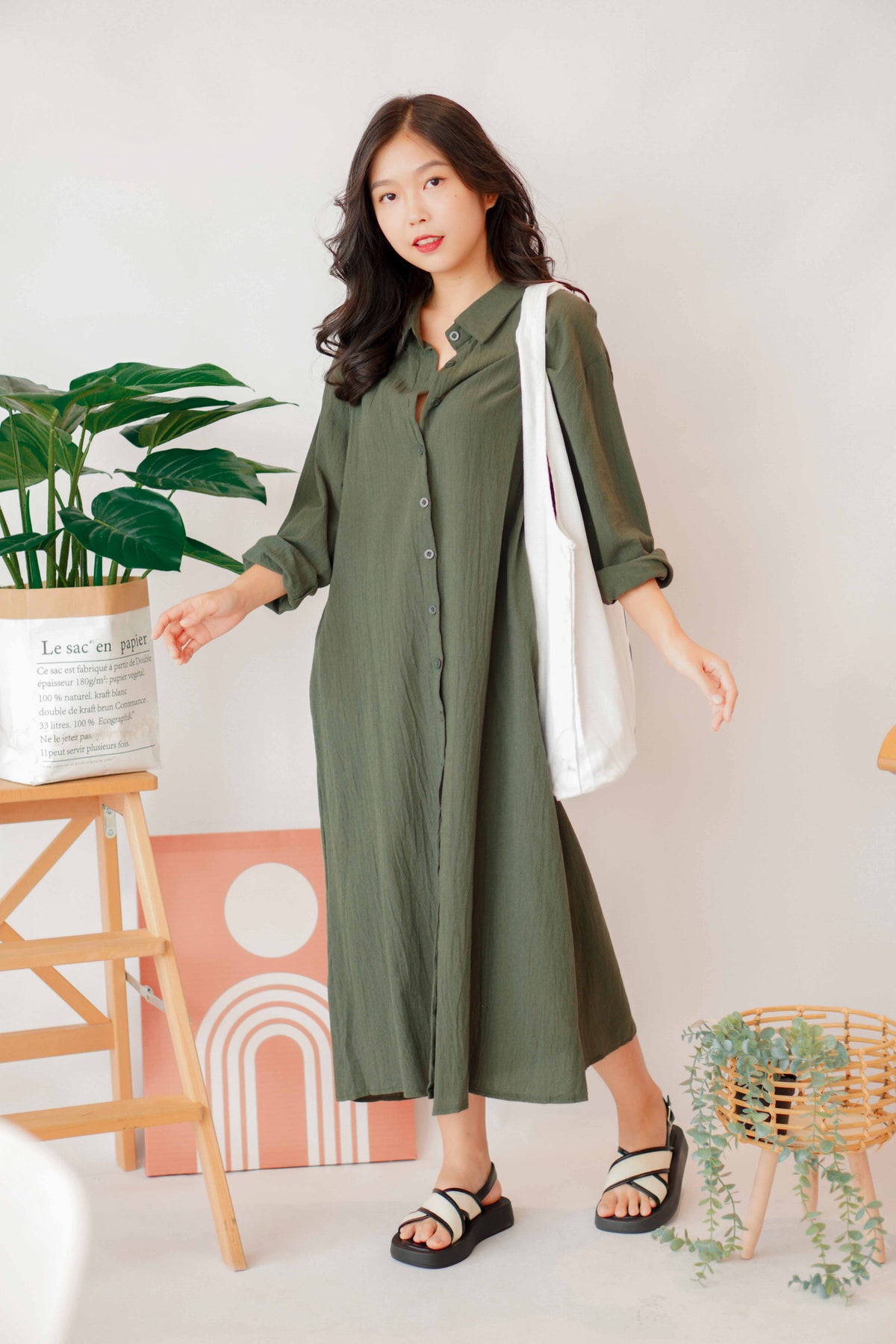 (BACKORDER) Anra Button Down Shirt Dress in Dark Green
