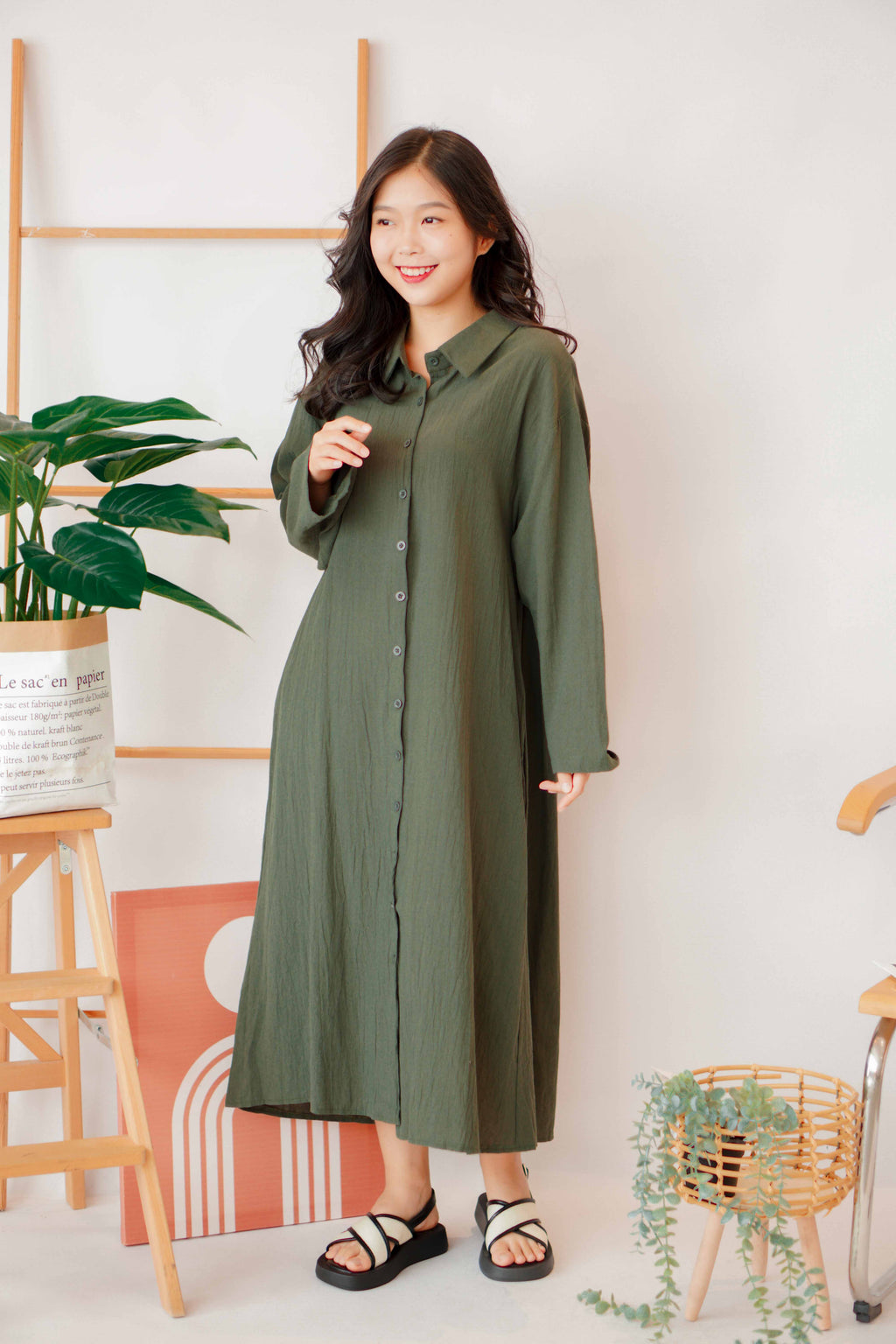 (BACKORDER) Anra Button Down Shirt Dress in Dark Green
