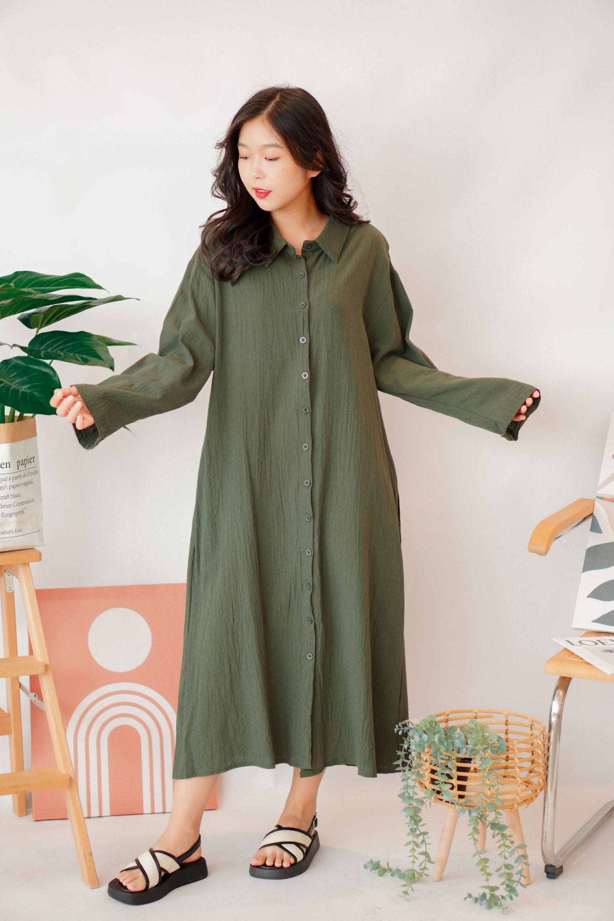 (BACKORDER) Anra Button Down Shirt Dress in Dark Green