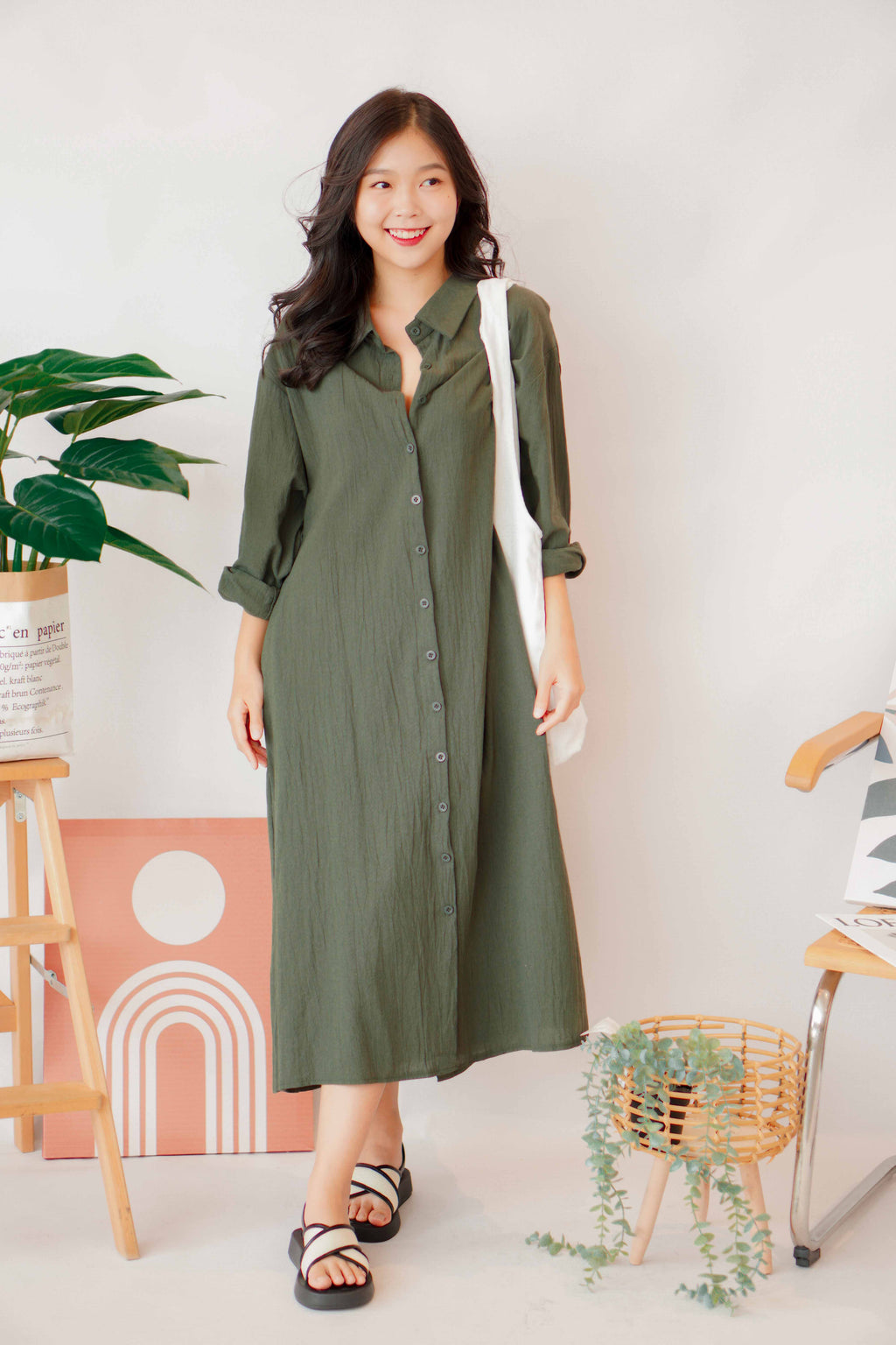 (BACKORDER) Anra Button Down Shirt Dress in Dark Green