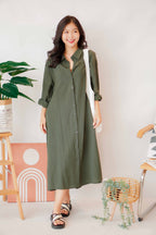 (BACKORDER) Anra Button Down Shirt Dress in Dark Green
