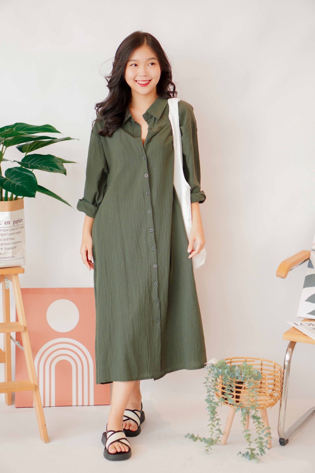(BACKORDER) Anra Button Down Shirt Dress in Dark Green