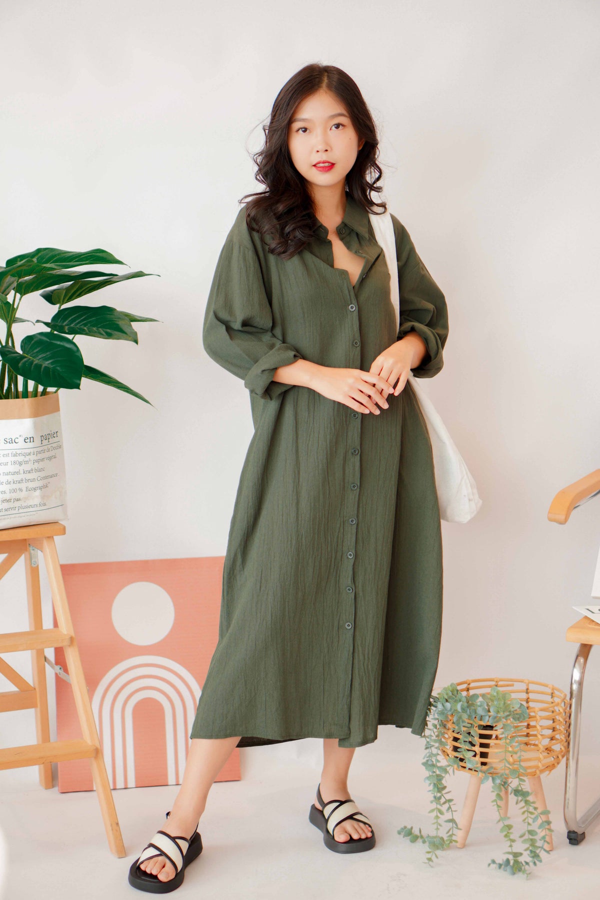 (BACKORDER) Anra Button Down Shirt Dress in Dark Green
