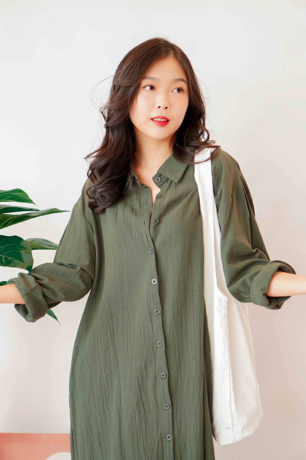 (BACKORDER) Anra Button Down Shirt Dress in Dark Green