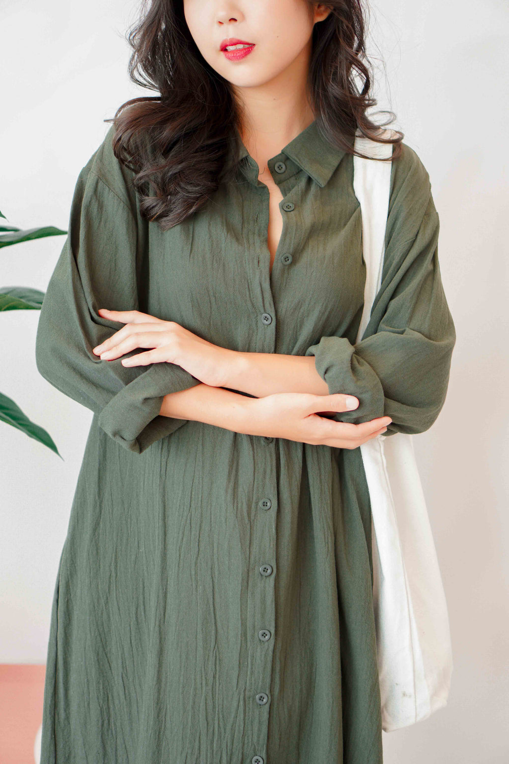 (BACKORDER) Anra Button Down Shirt Dress in Dark Green