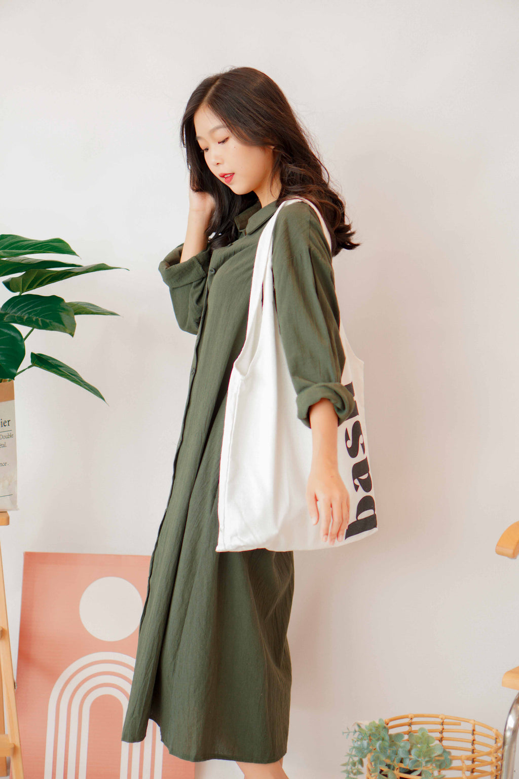 (BACKORDER) Anra Button Down Shirt Dress in Dark Green