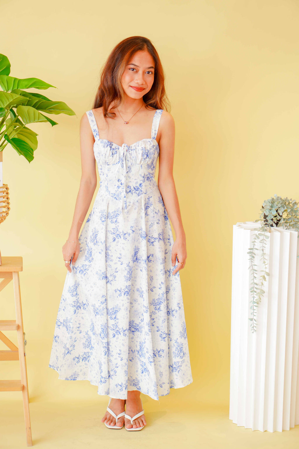 Georgia Corset Maxi Floral A-line Dress in Blue & White