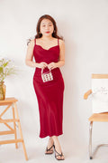 Scarlette Cowl Neck Satin Slip Dress in Red