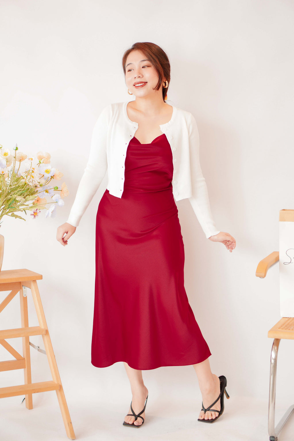 Scarlette Cowl Neck Satin Slip Dress in Red