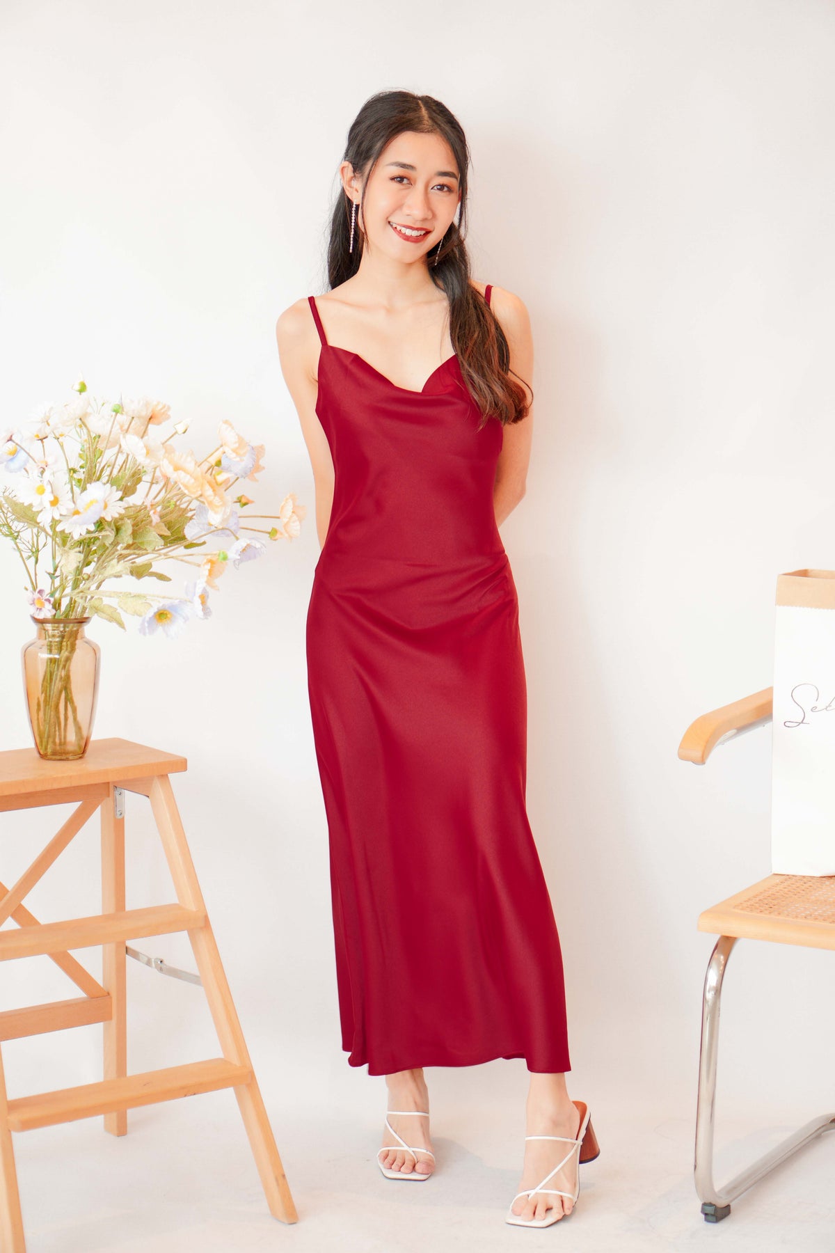 Scarlette Cowl Neck Satin Slip Dress in Red