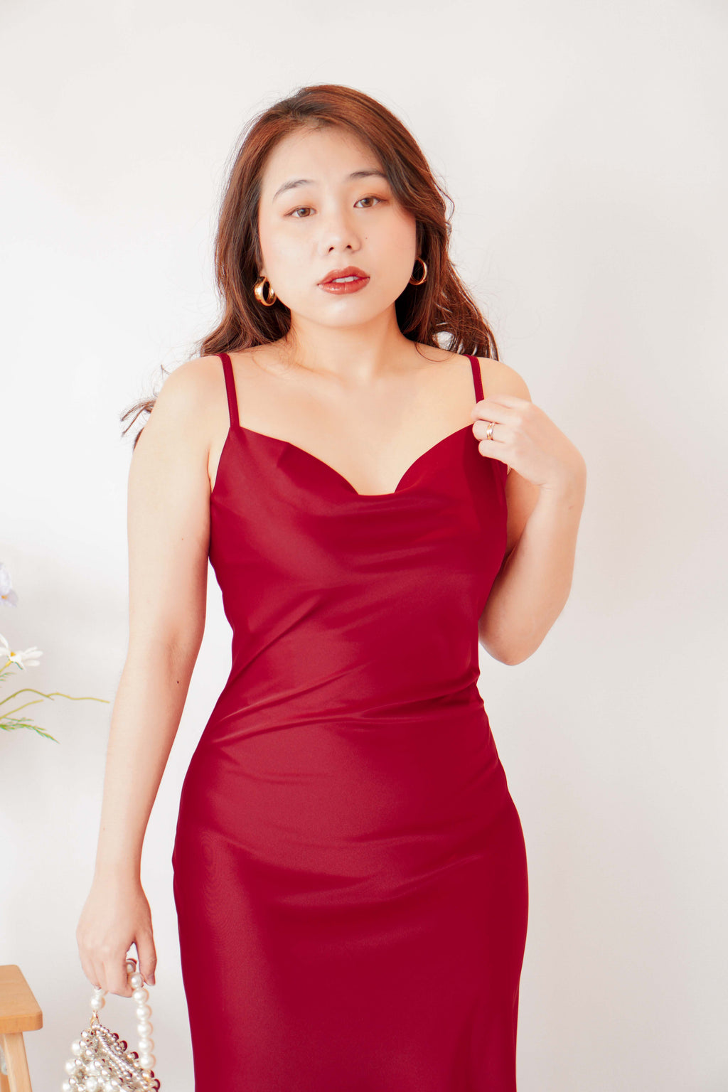 Scarlette Cowl Neck Satin Slip Dress in Red
