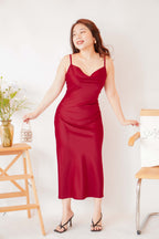 Scarlette Cowl Neck Satin Slip Dress in Red
