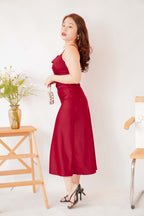 Scarlette Cowl Neck Satin Slip Dress in Red